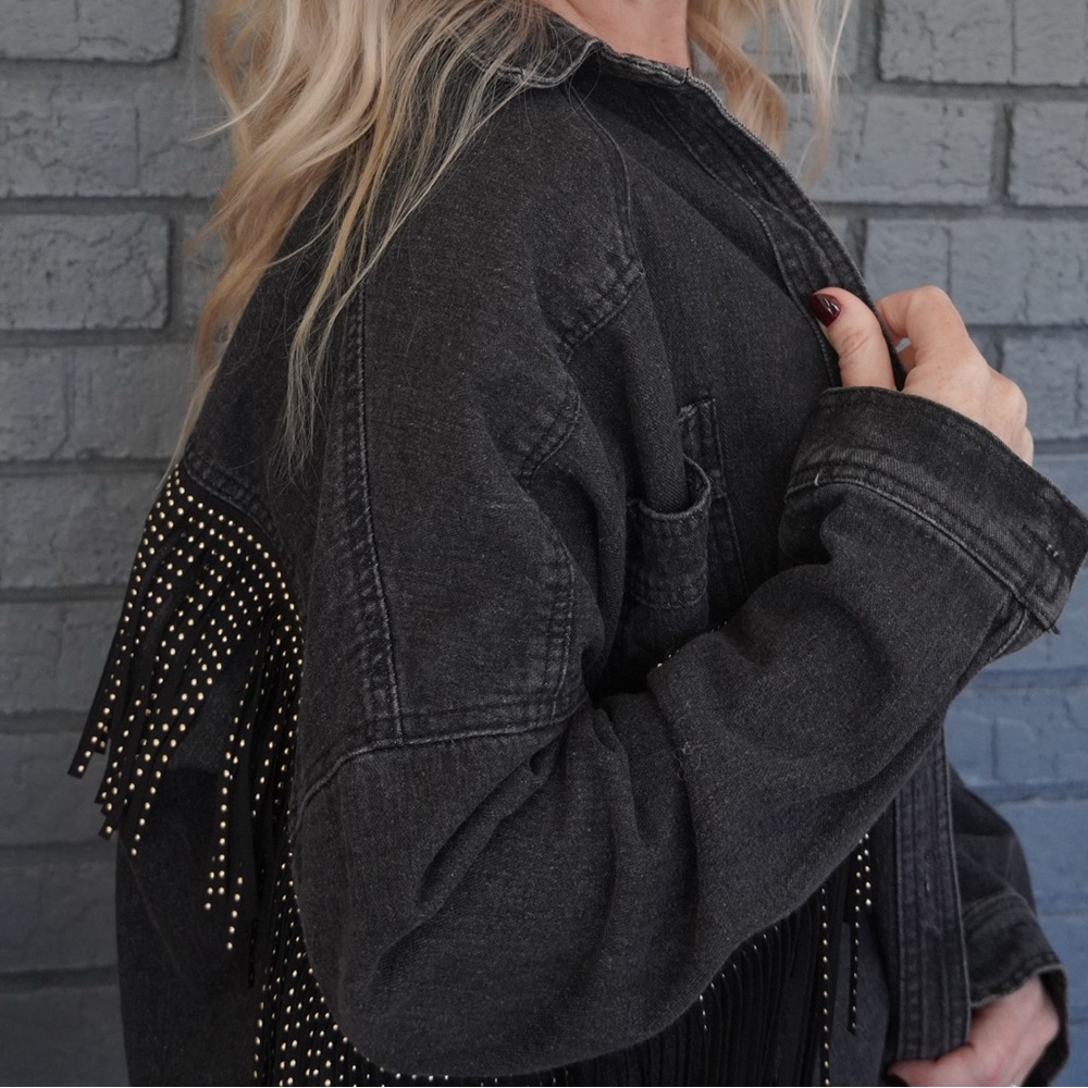 Black Jean Denim  Jacket with Fringe and Studs - Picture 9 of 10
